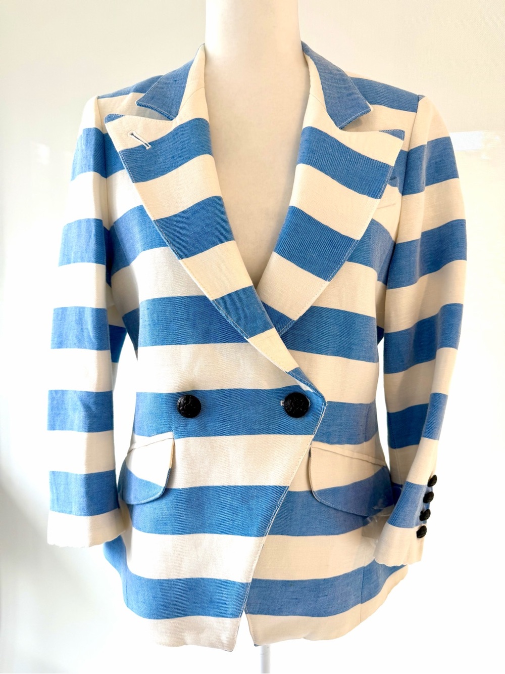 Smythe Blue and White Striped Double-Breasted Blazer with Black Detailed Buttons